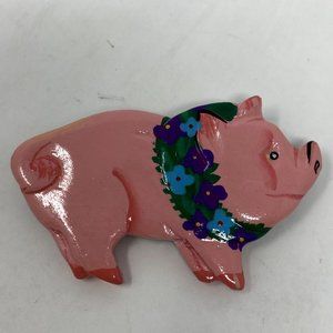 Pig Brooch with Flower Lei Wood